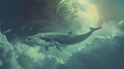 Fototapeta premium whale on the sky, with cloud and moon, fantasy world 