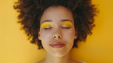 Stunning African American Fashion Model Portrait, showing a smile, creative yellow make-up, lips, and eyeshadows on colorful background. Brunette woman with afro hair and closed eyes shows kiss. - obrazy, fototapety, plakaty