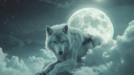 wolf,  cloud and moon , pastel