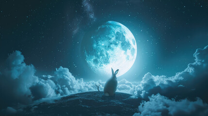 rabbit in the night with cloud and moon, pastel