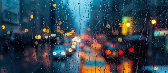 A city street is seen through a rain-covered window, with raindrops distorting the view. The urban scene shows buildings, cars, and pedestrians going about their day despite the heavy downpour.