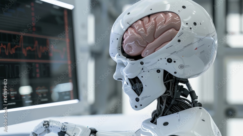 Aufkleber Innovative technology in science and medicine concept: robot checking brain testing results with a computer interface