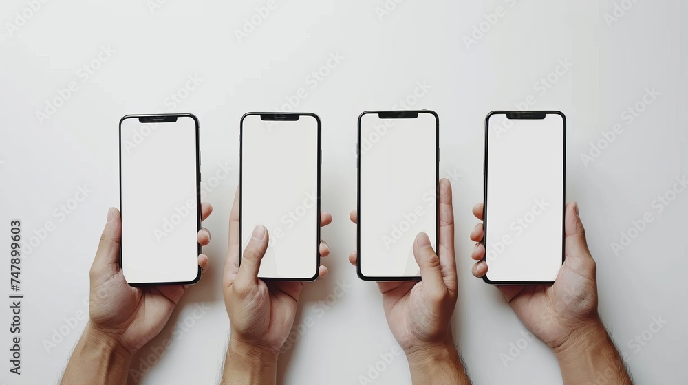 Poster A close-up of a man's hands holding an empty smart phone screen, showing the user transferring data files, holding the monitor, and touching it. This represents a studio mockup with a banner.