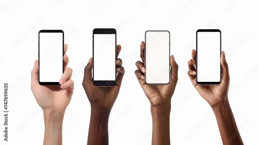 Poster female hands holding smartphone with blank screen in different orientation isolated on white backgro