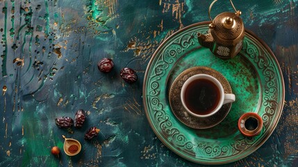 A dark green wooden background hosts a bronze plate with dates, a coffee cup, an Arabic lantern, and a lamp, creating a festive Ramadan atmosphere in a flat lay arrangement