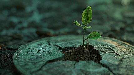 weathered penny is given new life as a tiny plant grows through a hole in its center