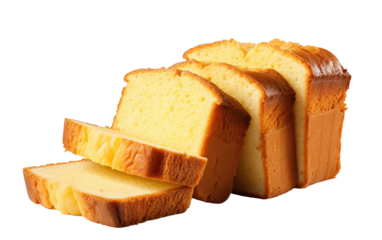 A loaf of pound cake has been sliced into several pieces, revealing its dense and rich texture. The golden crust contrasts with the tender crumb inside.