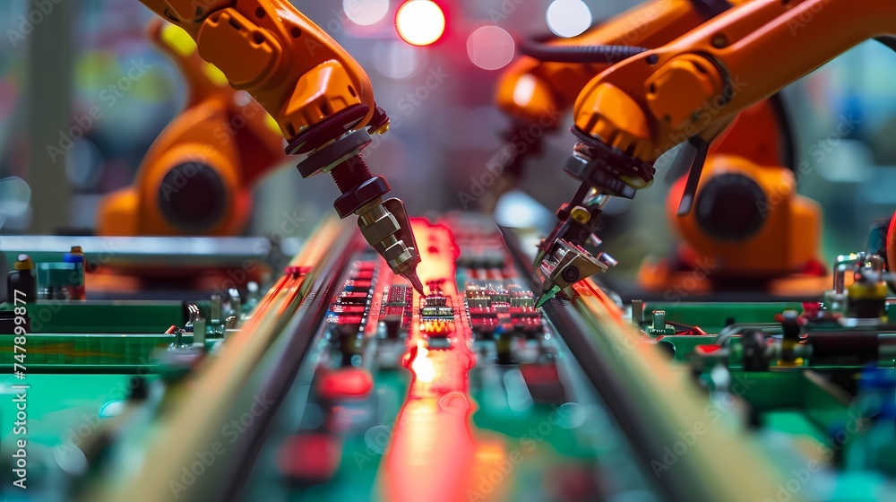 Poster an industrial scene where robotic arms engage with electronic circuitry, a vivid display of automati