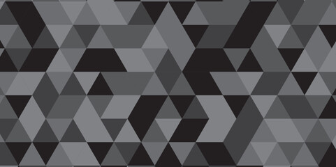 	
Abstract geometric black and gray background seamless mosaic and low polygon triangle texture wallpaper. Triangle shape retro wall grid pattern geometric ornament tile vector square element.