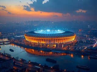 Illuminated Moscow Stadium at Night with Terraced Cityscape