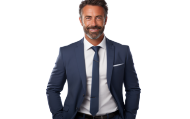 A professional man in a formal suit and tie stands confidently, posing for a photograph. His hands are neatly placed, and his expression is composed and serious.