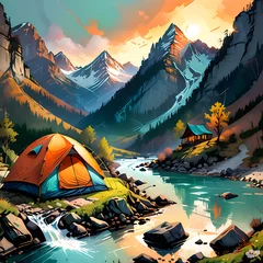 Schilderijen op glas Spring camping in Mountains. Cartoon anime landscape with tent © lusyaya