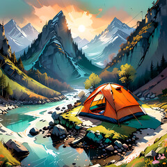 Spring camping in Mountains. Cartoon anime landscape with tent - obrazy, fototapety, plakaty