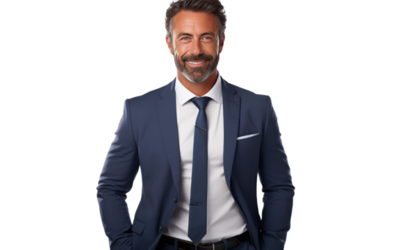 A professional man in a formal suit and tie stands confidently, posing for a photograph. His hands are neatly placed, and his expression is composed and serious.