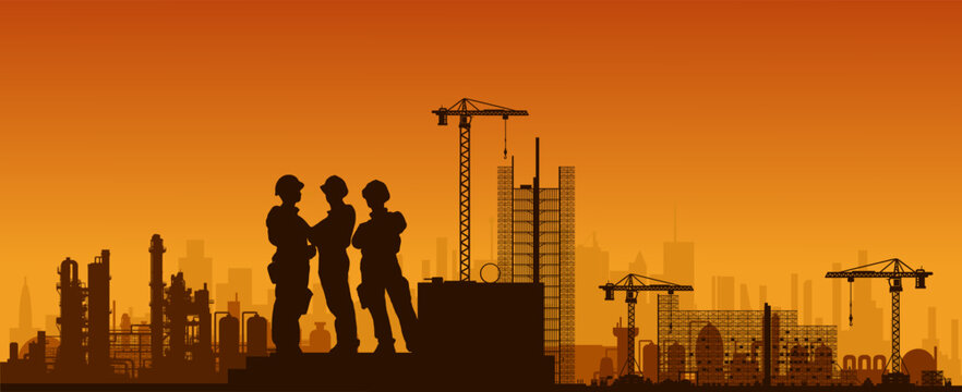 Silhouette Industrie Bauindustrie Ausbau - Gruppe von 3 Arbeitern und Ingenieuren mit Bauhelm - Team Meeting - K&ouml;rper Haltung f&uuml;r Erfolg