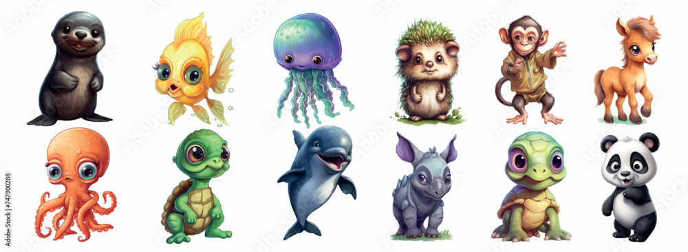 Poster Adorable Collection of Cartoon Baby Animals, Perfect for Children’s Book Illustrations, Educational Content