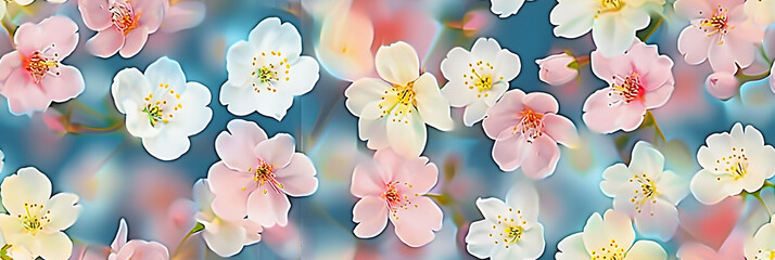 Sakura flowers in pastel pink blue yellow and white seamless repeating pattern