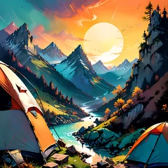 Fotobehang Blauwgroen Spring camping in Mountains. Cartoon anime landscape with tent