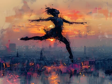 Ballerina Jumping Over the City in Cyberpunk Dystopia