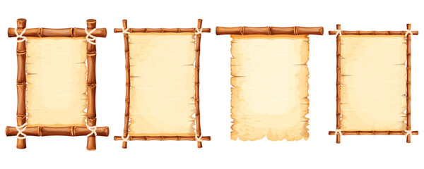 Set Bamboo frames with old parchment paper decorated with rope isolated on white background. Game ui board, sign - obrazy, fototapety, plakaty