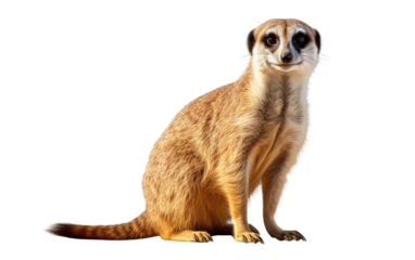 A small meerkat is seen sitting on a white surface, with its alert eyes scanning the surroundings. The meerkats fur is sandy colored, blending in with the desert like environment.