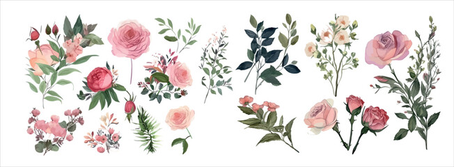 Elegant Collection of Hand-Painted Watercolor Floral Elements Featuring Roses, Leaves, and Blossoms for Invitations, Decorations, and Creative