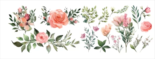 Fotobehang Watercolor Floral Arrangement Collection Featuring Roses, Leaves, and Blossoms for Invitations, Decorations, and Art © Zaleman