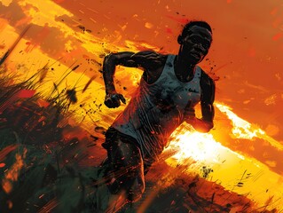 Running Man at Sunset in Congo Style Comic Art