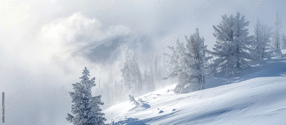 Poster a snow-covered mountain with trees on the side, blanketed in white by a blizzard causing a whiteout 
