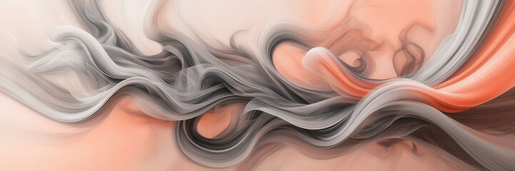 Abstract depiction of swirling smoke trails in shades of silver and steel against a backdrop of coral blush. - obrazy, fototapety, plakaty