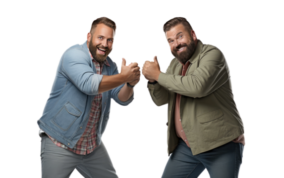 A couple of men are standing side by side. They appear to be engaged in conversation or observing something in the distance. Both individuals are dressed casually, and the scene takes place outdoors.