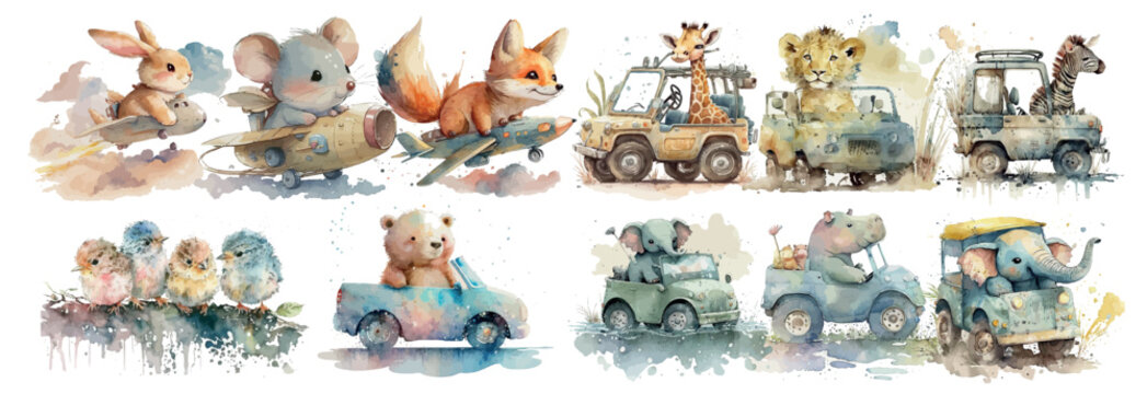 Whimsical Watercolor Illustration of Adorable Animals Enjoying a Joyful Ride in Vintage Vehicles, Perfect for Children’s Books