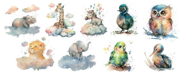 Fototapeta premium Whimsical Watercolor Collection of Wild Animals: A Set of Beautifully Painted Creatures in Soft, Dreamy Hues, Perfect for Children’s Illustrations