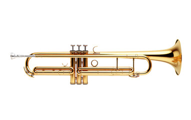 Brass Trumpet. A shiny brass trumpet is placed on a plain white background, showcasing its intricate details and classic design.