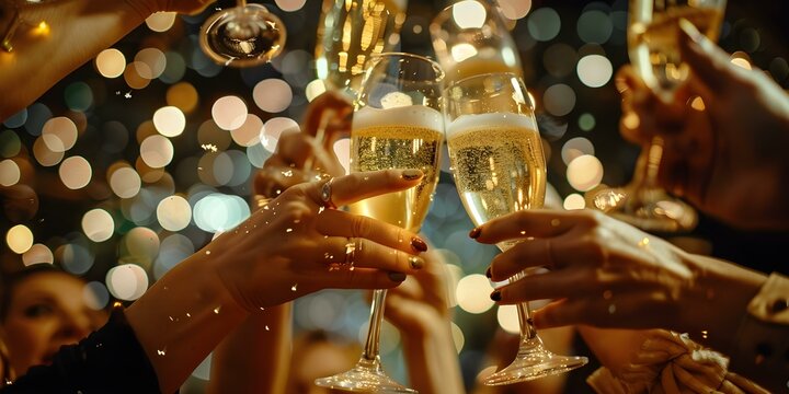 Elegant group toasting champagne and dancing at glamorous rooftop party celebration. Concept Champagne Toast, Rooftop Party, Glamorous Celebration, Elegant Group, Dancing Night