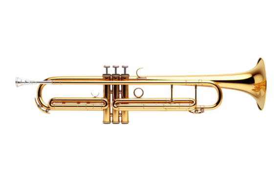 Brass Trumpet. A shiny brass trumpet is placed on a plain white background, showcasing its intricate details and classic design.