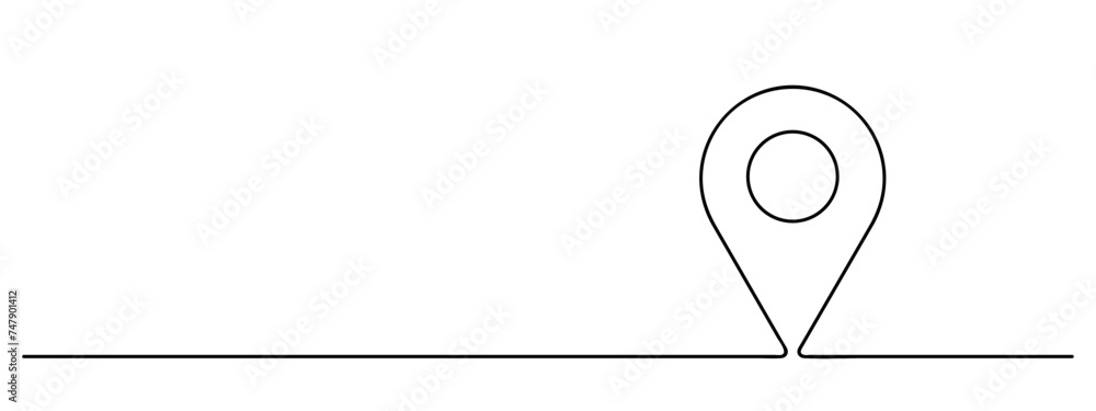 Sticker location pin continuous one line drawing, single map pointer lineart, black line vector illustration