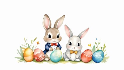 Two little easter bunny with colourful eggs isolated on white background. Watercolor illustration with copy space for design, greeting card, template, wallpaper, artwork