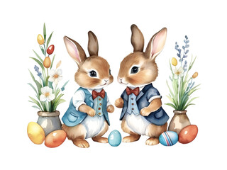 Two easter bunny in tuxedos with colourful eggs and flower vase isolated on transparent background. Watercolor illustration for design, greeting card, template, wallpaper, artwork