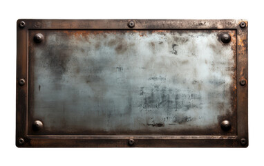 A metal plate with rivets. The plate is weathered, showing signs of wear and tear, with the rivets securing it in place. The industrial aesthetic of the riveted metal plate contrasts sharply.