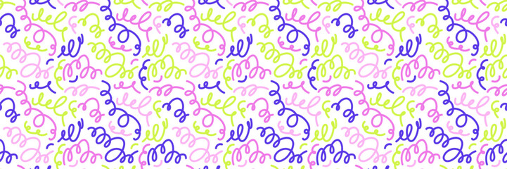 Doodle seamless pattern. Fun colorful line background. 90s kids background. Funny modern childish drawings. Wallpaper and wrapping design. Banner backdrop. Simple party confetti vector illustration