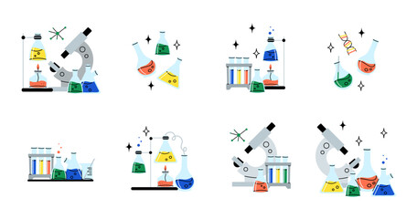 Laboratory glassware. Chemical reagents in glass bottles and rest tubes and flasks. Medical lab equipment. Scientific research tools. Doodle drawing. Vector cartoon flat isolated illustration
