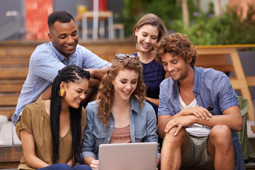 Students, college and smile with laptop, friends and outdoor for browsing social media and happy...