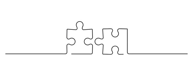 puzzle game symbol one line art, two pieces of jigsaw continuous line drawing, black lineart horizontal vector decorative element, editable stroke