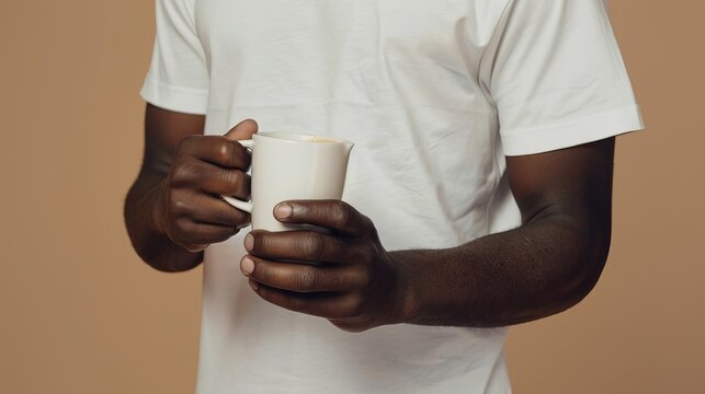 showcases a quiet moment of reflection, with a pair of hands holding a cup against a neutral backdrop