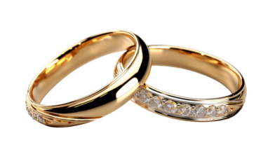 Two elegant gold wedding rings adorned with sparkling diamonds rest side by side, symbolizing eternal love and commitment in a timeless design.