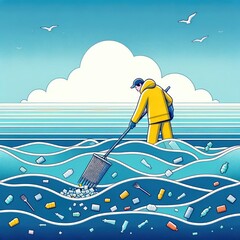 Homme nettoyant l'océan