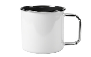 A white coffee mug with a black rim is placed on a table, contrasting with its surroundings. The mugs sleek design and color combination create a modern look.