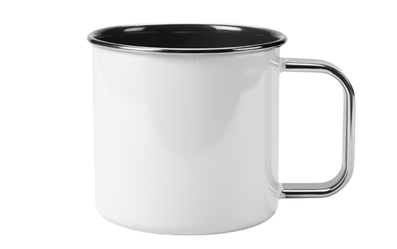 A white coffee mug with a black rim is placed on a table, contrasting with its surroundings. The mugs sleek design and color combination create a modern look.