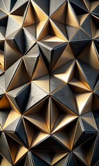 Abstract, Geometric Background with 3D Black and Golden Triangles. Elegant Wallpaper Design for Template, Cover, or Banner. Decorative, Polygonal Shapes. Vector Illustration.